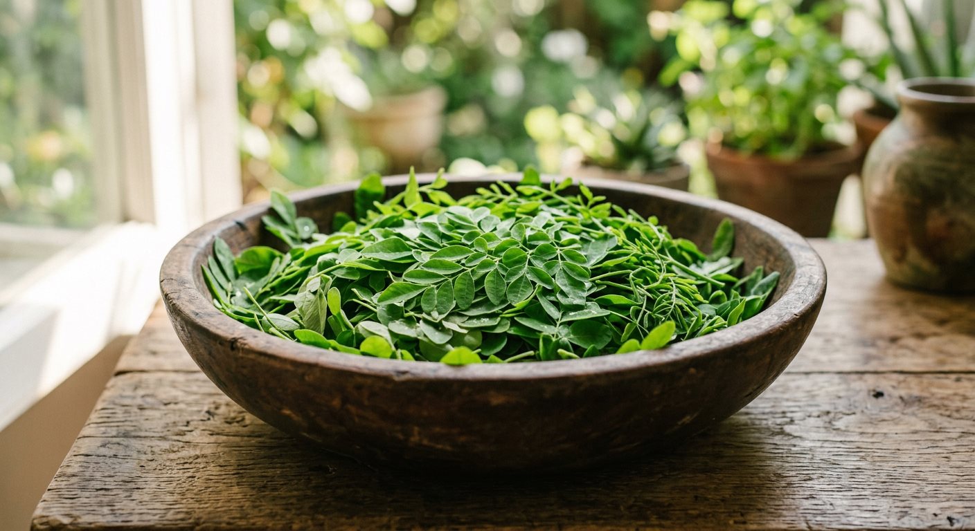 Fresh moringa leaves in a bowl