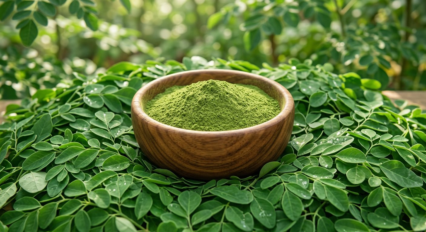 Moringa powder resting on fresh leaves