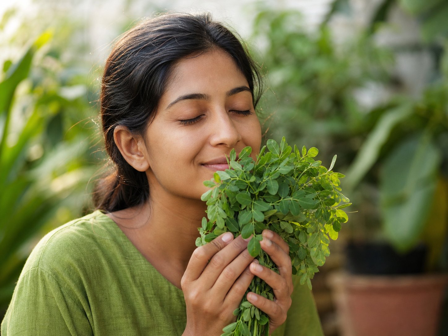Woman smelling fresh moringa leaves