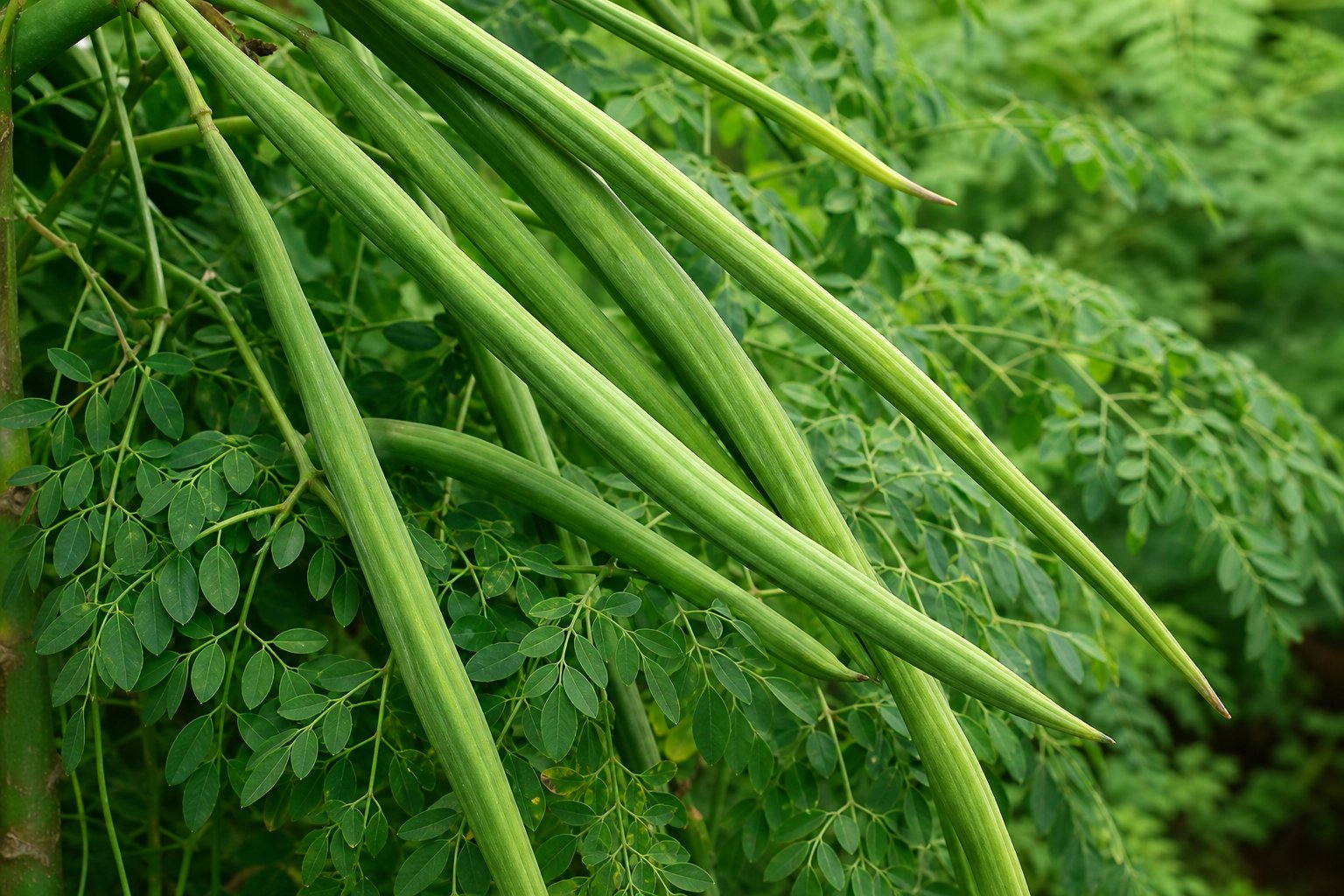 Fresh green moringa pods