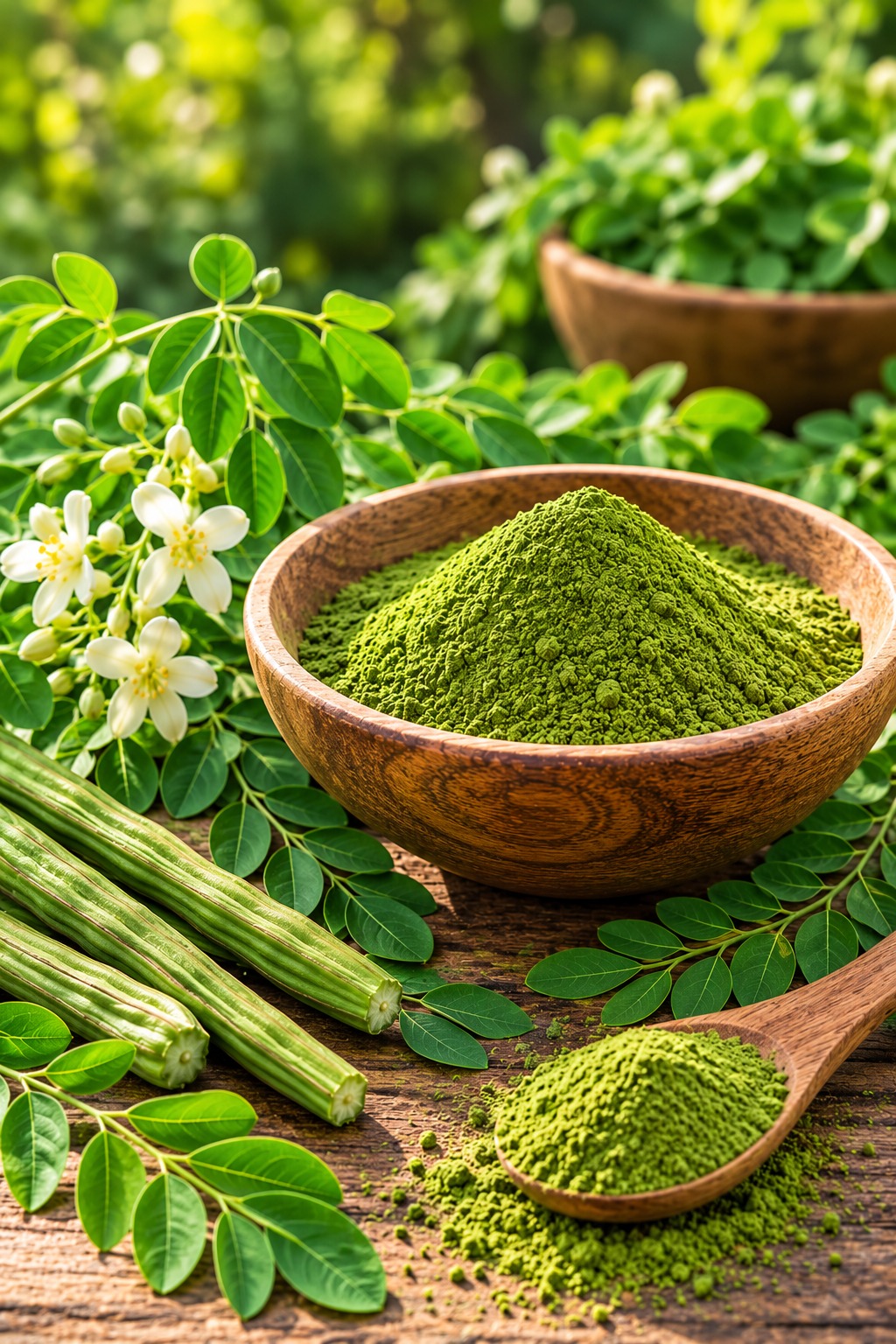 Bowl of moringa powder with fresh leaves