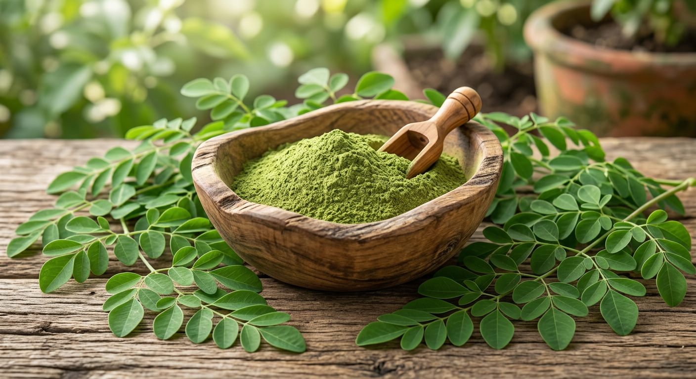 Moringa powder in a bowl with fresh leaves